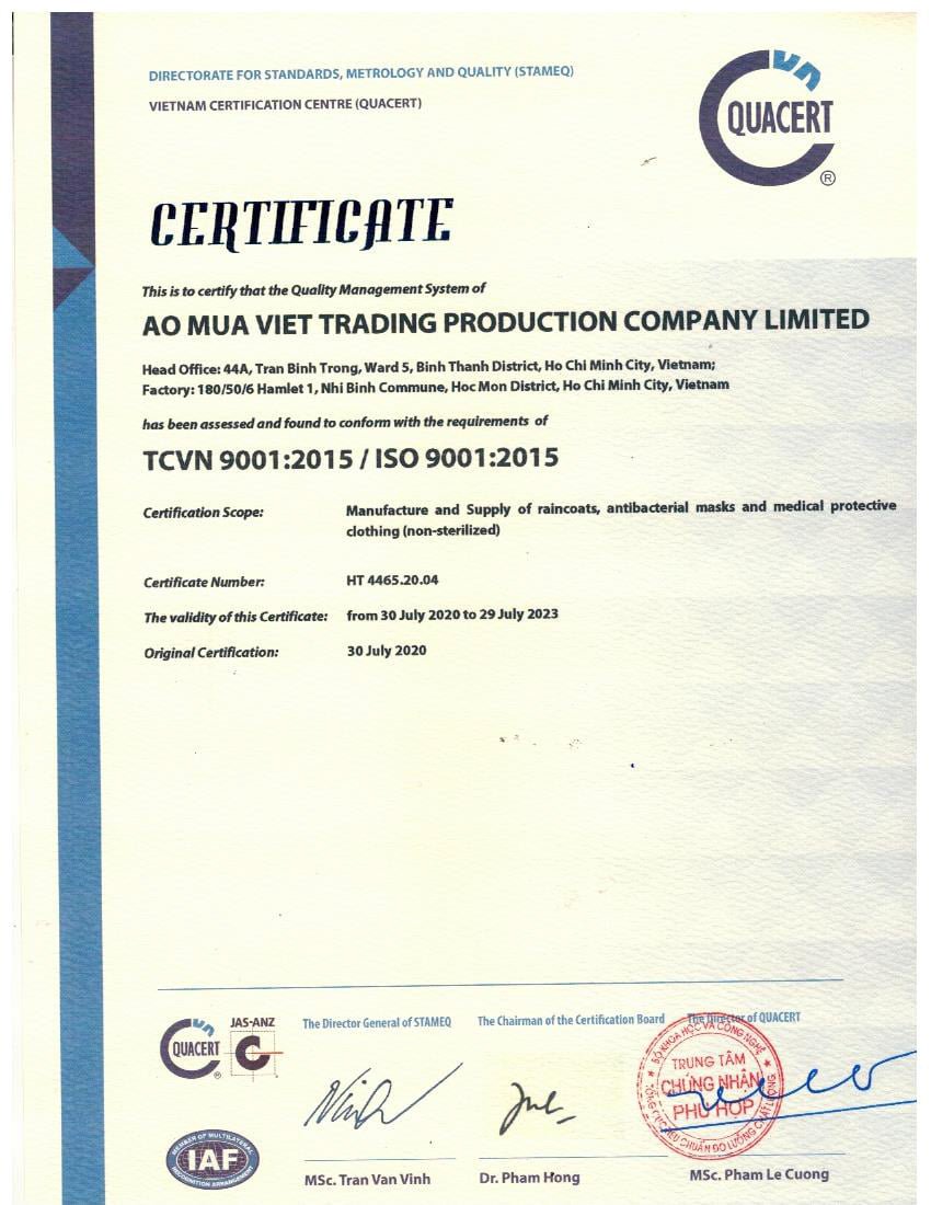 ISO 9001:2015 - Bảo Hộ Y Tế áo Mưa Việt - Công Ty TNHH Sản Xuất Thương Mại áo Mưa Việt